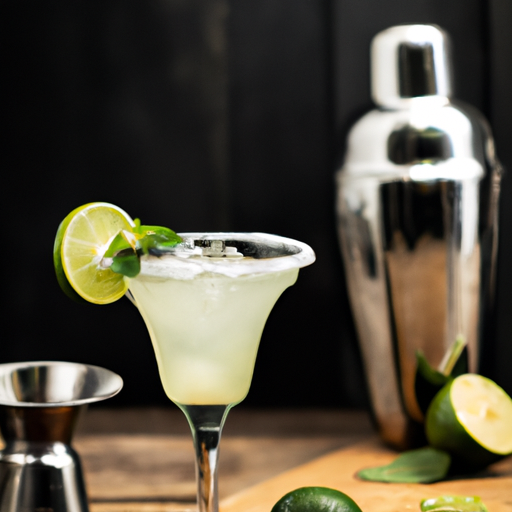 An image showcasing a Tequila Mockingbird cocktail in a chilled glass, garnished with a vibrant lime wedge