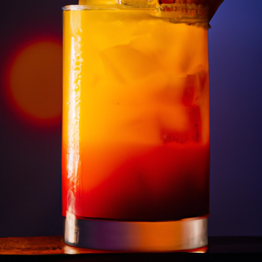 An image that showcases the vibrant hues of a Tequila Sunrise cocktail, with layers of fiery orange, golden yellow, and deep red, as the sun sets behind a glass filled with ice, tequila, grenadine, and orange juice
