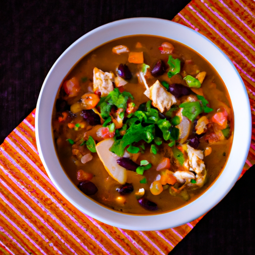 an inviting, steaming bowl of Tex-Mex chicken soup bursting with vibrant colors