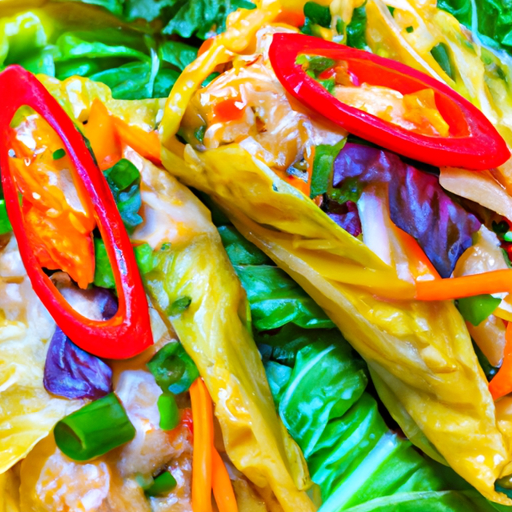 An image capturing the vibrant colors of Thai Chicken in Cabbage Leaves, showcasing tender chicken pieces marinated in aromatic spices, wrapped in vibrant green cabbage leaves, and garnished with colorful herbs and chili