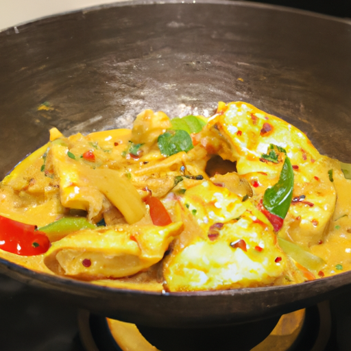 An image showcasing a sizzling Thai Coconut Chicken dish, with succulent pieces of tender chicken cooked to golden perfection, smothered in a luscious creamy coconut sauce infused with aromatic herbs and spices