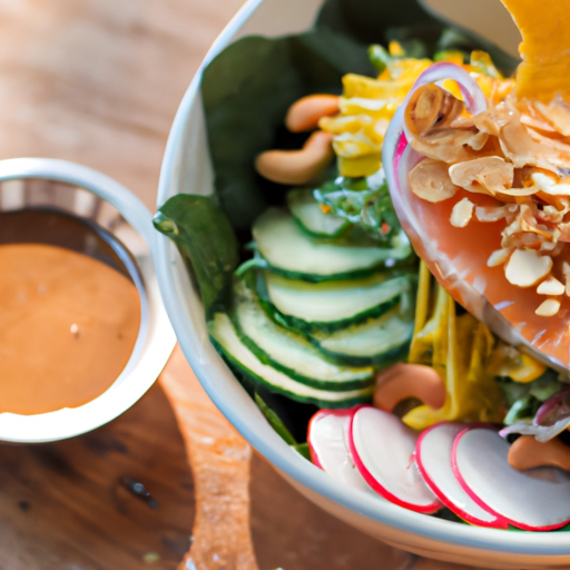 An image that showcases a vibrant Thai Crunch Bowl, featuring succulent salmon resting on a bed of fresh greens, accompanied by colorful vegetables, crunchy peanuts, and drizzled in a tangy Thai-inspired dressing