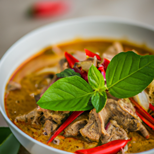 the vibrant essence of Thai Red Curry Beef in an image: a steaming bowl filled with tender slices of beef bathed in a luscious, fiery red coconut curry, adorned with aromatic Thai basil leaves and slices of vibrant red chili pepper