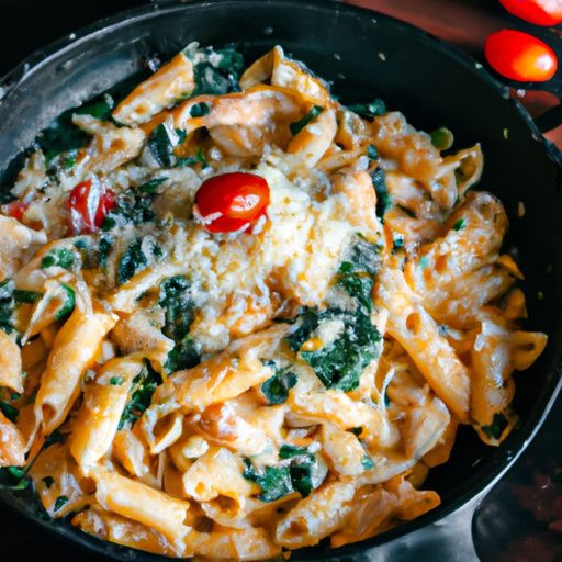 An image showcasing a sizzling pan of golden-brown chicken breast strips tossed with al dente penne pasta, bathed in a creamy blend of melted Parmesan, mozzarella, and ricotta cheese, topped with vibrant spinach leaves and cherry tomatoes