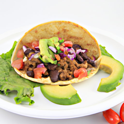 An image showcasing a vibrant soft taco filled with succulent, seasoned ground turkey, topped with a colorful medley of black beans, juicy tomatoes, crisp lettuce, tangy salsa, and creamy avocado slices