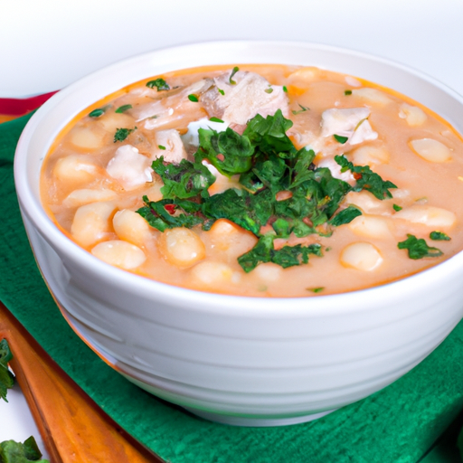 An image that showcases a steaming bowl of hearty white bean and turkey chili, brimming with tender chunks of turkey, plump white beans, vibrant green cilantro, and a dollop of creamy sour cream