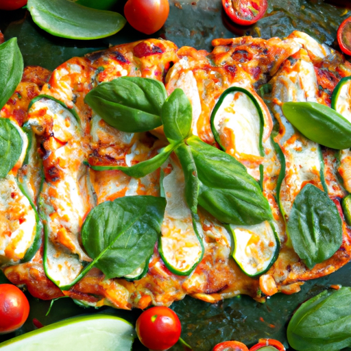 An image of a mouthwatering zucchini ribbon pizza topped with succulent grilled chicken, adorned with vibrant cherry tomatoes and aromatic basil leaves, all sitting on a perfectly golden crust