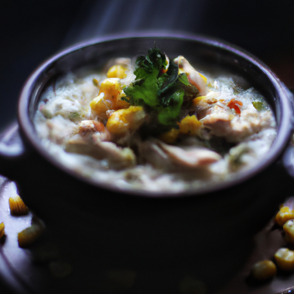 An image capturing a steaming bowl of creamy chicken-corn chowder, adorned with succulent chunks of tender chicken, vibrant yellow corn kernels, and hints of aromatic herbs, enticingly topped with a sprinkle of finely chopped green onions