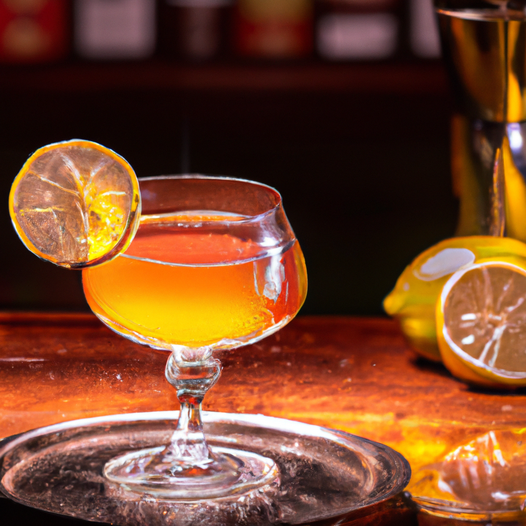 An image capturing the essence of a Sidecar Shooter cocktail: a vintage coupe glass filled with a golden mix of Cognac, orange liqueur, and lemon juice, garnished with a twist of lemon peel
