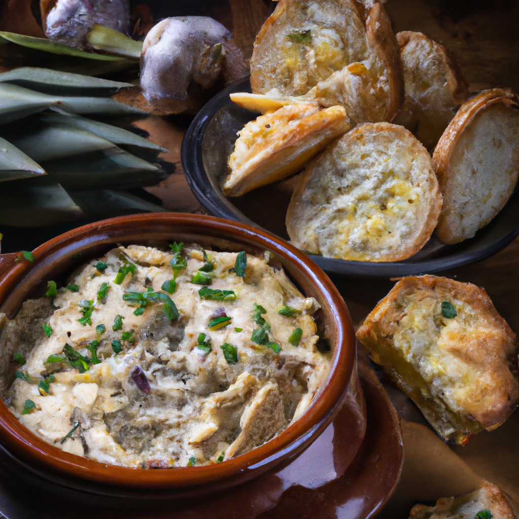 An image of a creamy, golden-hued slow cooker artichoke dip served in a rustic ceramic bowl, garnished with a sprinkle of vibrant green chives and surrounded by an assortment of freshly cut vegetables and crispy bread slices