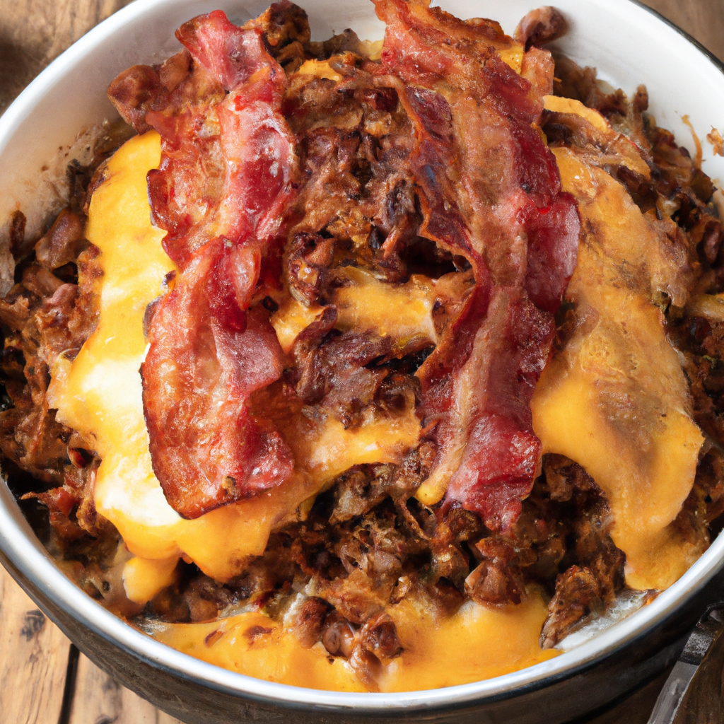 an enticing overhead shot of a sizzling slow cooker bacon cheeseburger casserole
