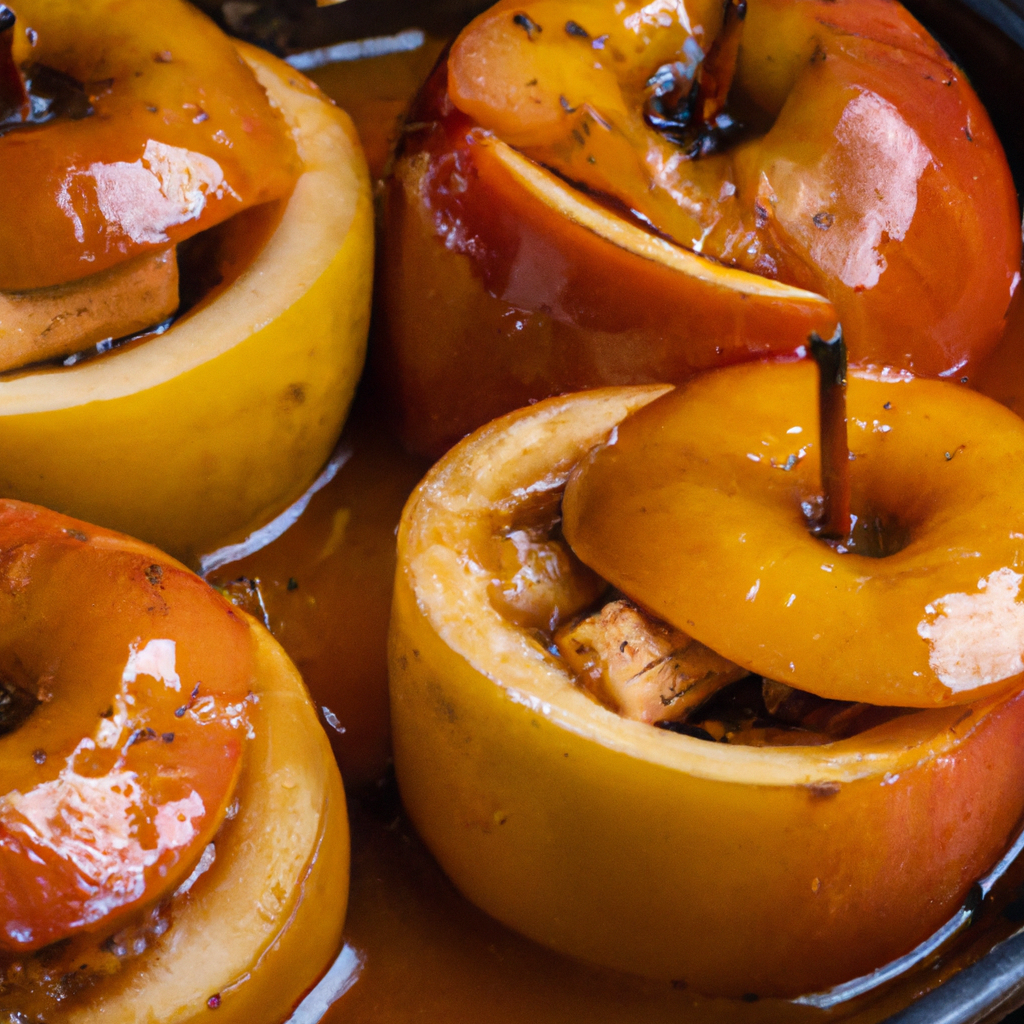 the essence of comfort with an enticing image of Slow Cooker Baked Apples: a medley of tender, caramelized apples enveloped in a luscious cinnamon-infused sauce, their golden hue glistening under a velvety drizzle of warm caramel