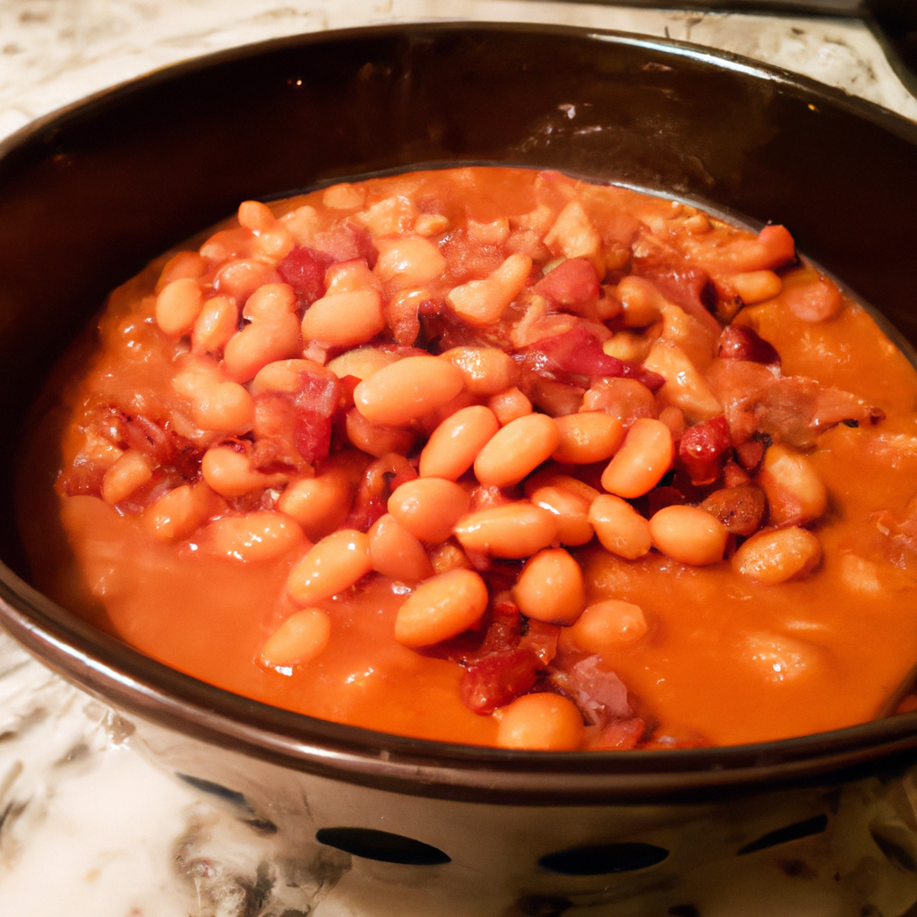 a mouthwatering sight of a slow cooker brimming with rich, smoky baked beans