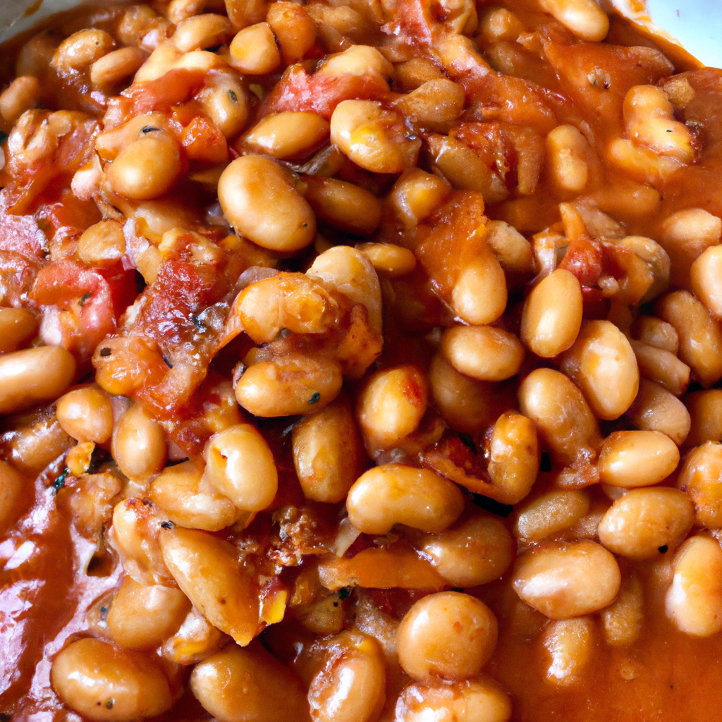 the rich aroma of slow-cooked perfection as tender beans simmer in a tomato-based sauce, mingling with smoky bacon and caramelized onions