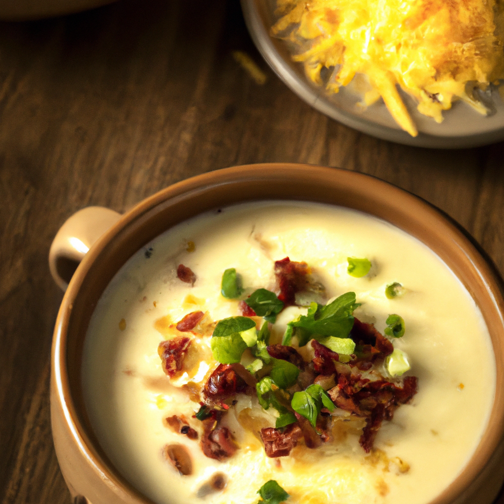 An image of a steaming slow cooker filled with creamy baked potato soup, adorned with crispy bacon bits, melted cheddar cheese, and a sprinkle of chopped green onions, served in rustic ceramic bowls