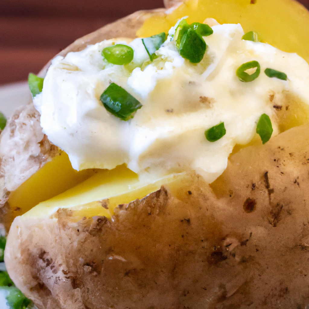 An image capturing the essence of Slow Cooker Baked Potatoes: a steaming, perfectly cooked spud, gently split open with a fluffy interior, adorned with a dollop of creamy butter, sprinkled with chives, and accompanied by a side of tangy sour cream