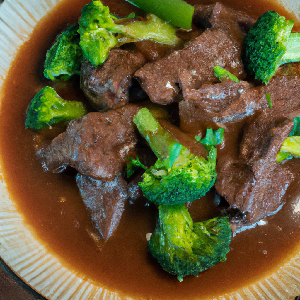 An image of tender beef simmering in a luscious, savory sauce, surrounded by vibrant green broccoli florets