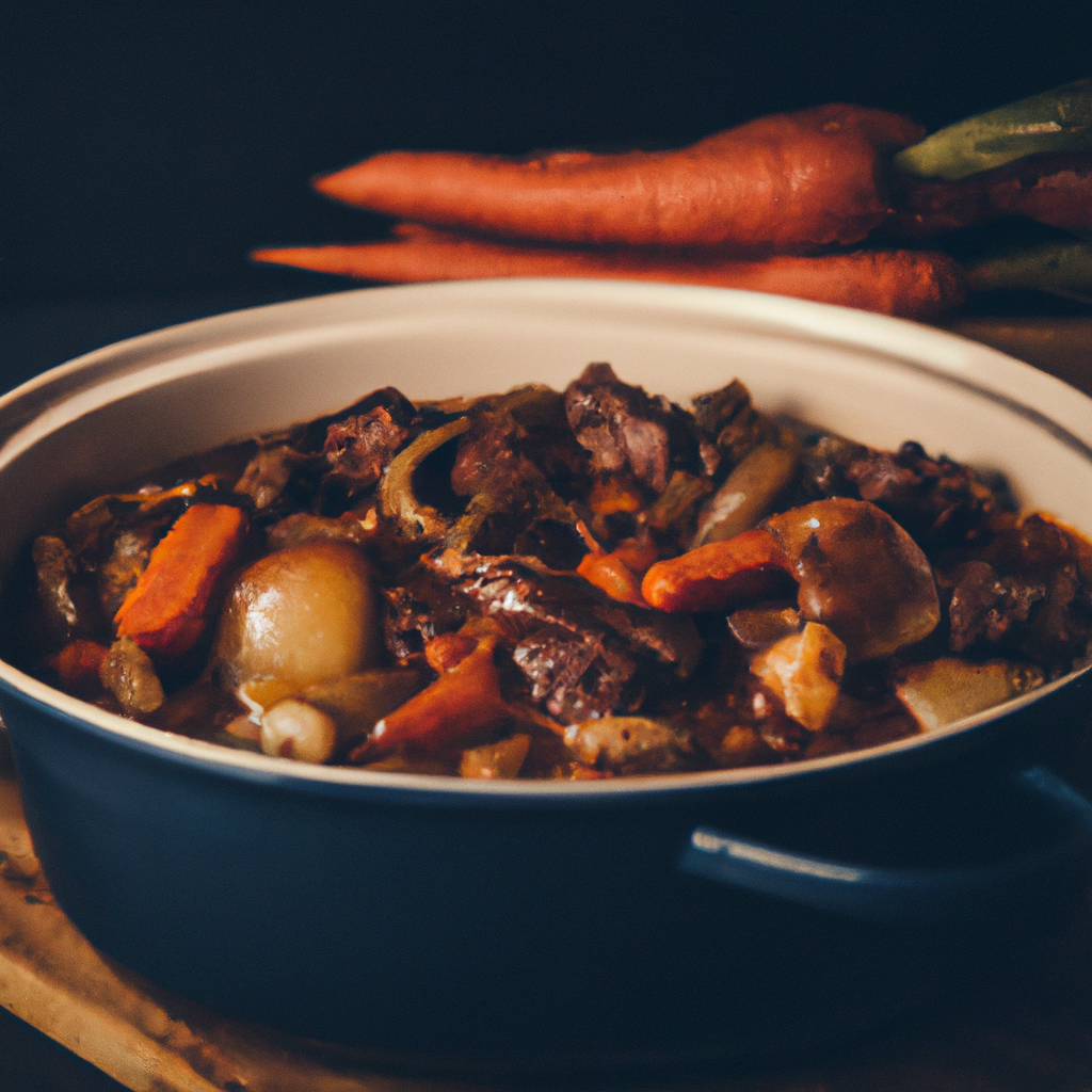 a rustic kitchen scene: A simmering slow cooker, filled to the brim with tender chunks of beef, vibrant carrots, pearl onions, and earthy mushrooms, immersed in a rich and aromatic burgundy sauce