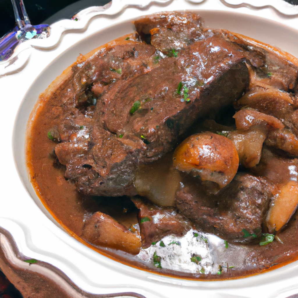 the essence of Slow Cooker Beef Burgundy in a single image: A tender, succulent beef roast, bathed in a rich, velvety sauce, mingling with vibrant red wine, mushrooms, pearl onions, and fragrant herbs, simmering to perfection in a slow cooker