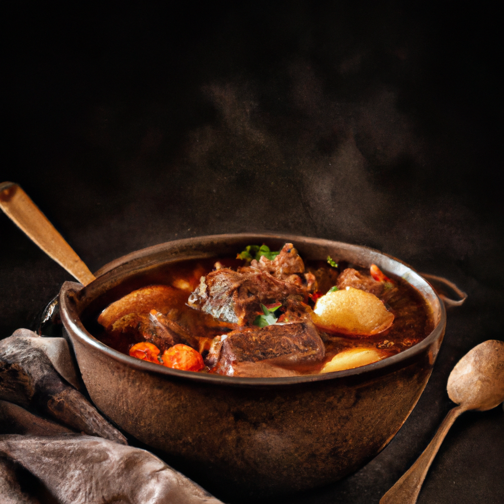 An image of a rustic, ceramic slow cooker filled to the brim with tender chunks of beef, vibrant carrots, and plump potatoes, all simmering in a rich, aromatic broth