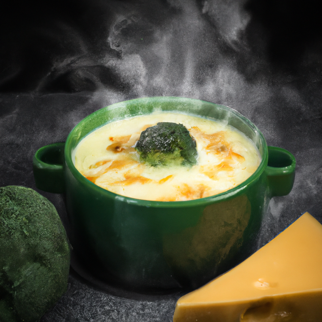 An image of a comforting slow cooker filled with creamy, velvety broccoli cheese soup