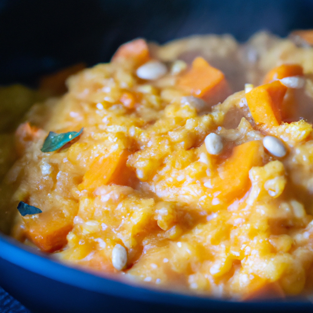 an inviting scene of a creamy butternut squash risotto simmering in a slow cooker