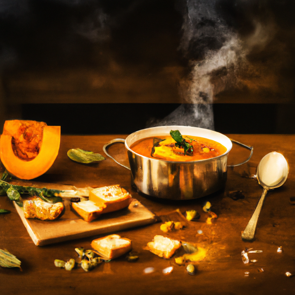 An image showcasing a cozy kitchen scene, where steam rises from a vibrant orange, velvety Slow Cooker Butternut Squash Soup