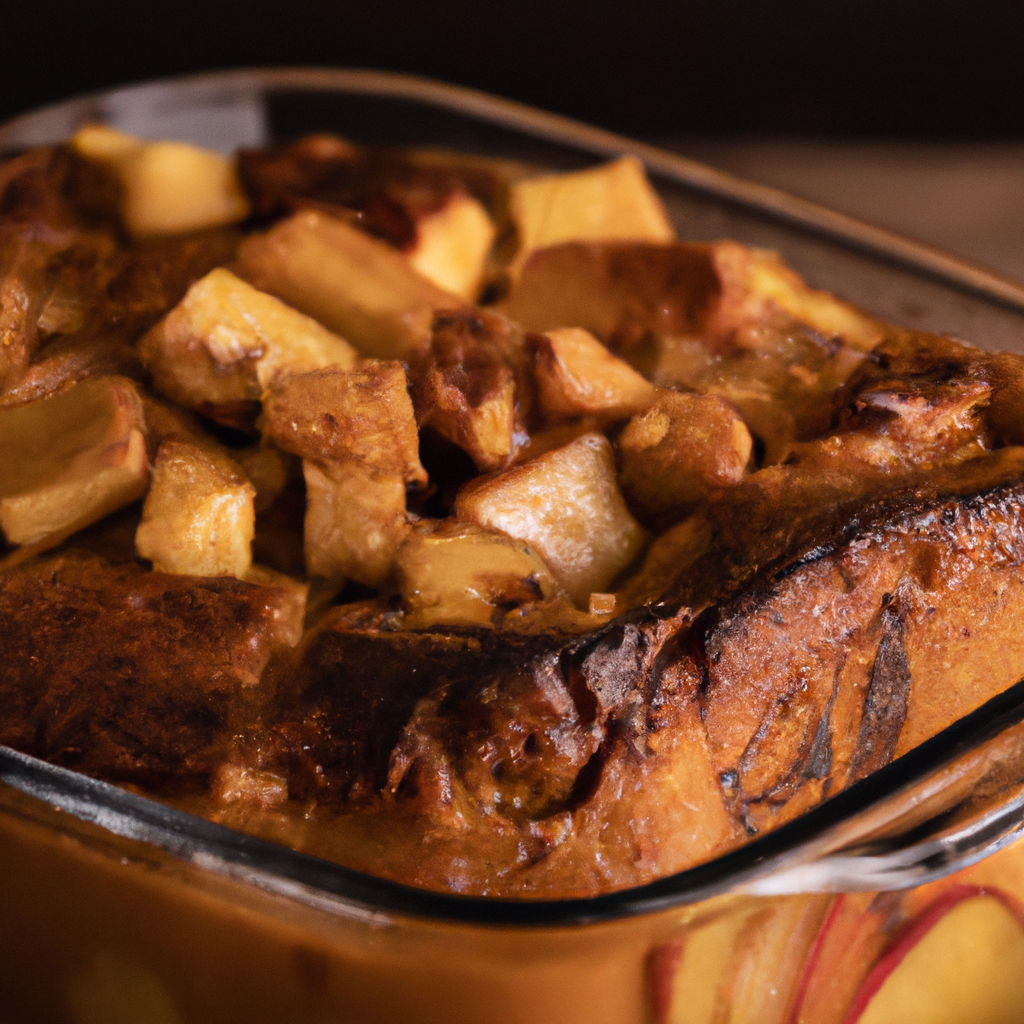 An image of a luscious caramel apple bread pudding slowly cooking in a ceramic slow cooker, with tender chunks of cinnamon-spiced apples peeking through a golden, caramelized crust