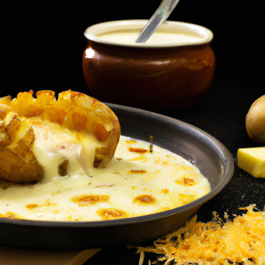 An image showcasing a sizzling slow cooker, filled to the brim with creamy golden potatoes, oozing with melted cheese