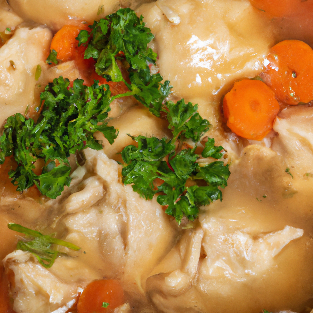 An image that features a bubbling slow cooker filled with tender chunks of chicken, vibrant carrots, celery, and onions immersed in a creamy broth, topped with fluffy dumplings, and garnished with fresh parsley