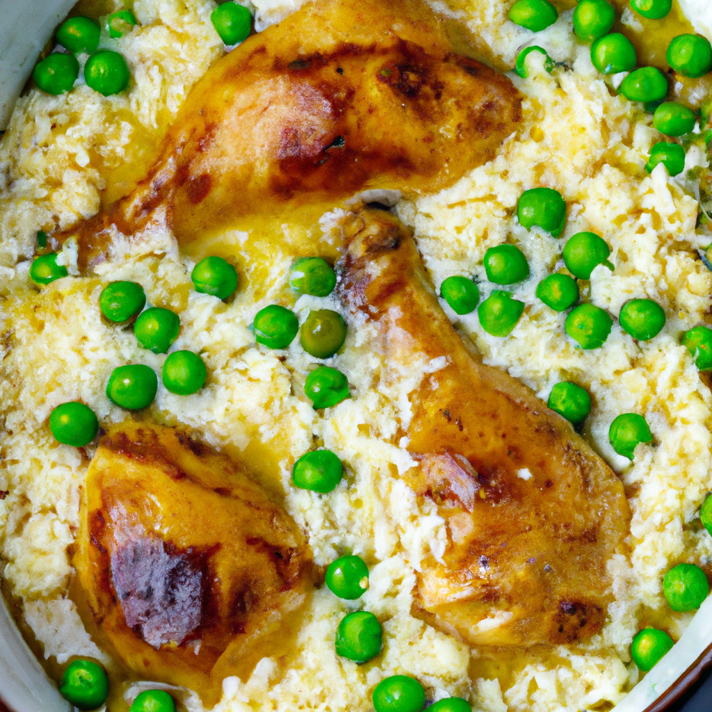 An image showcasing a beautifully tender, golden-brown chicken thigh, nestled atop a bed of fluffy, perfectly cooked rice, with vibrant green peas scattered throughout, all simmering in a savory, aromatic slow cooker sauce