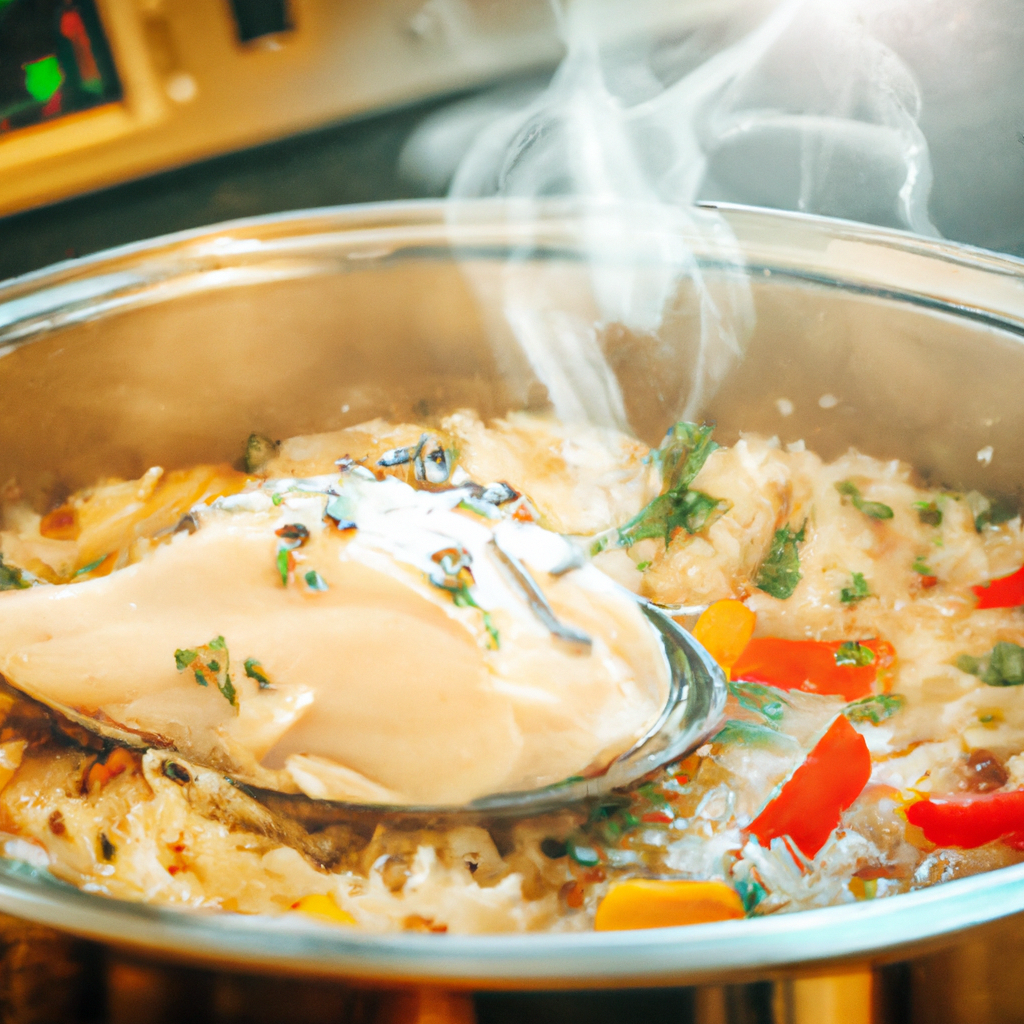 An image showcasing a simmering slow cooker with tender chicken, colorful vegetables, and fragrant wild rice, surrounded by a cozy kitchen atmosphere with steam billowing from the pot, evoking the comforting aroma of homemade Slow Cooker Chicken and Wild Rice Soup