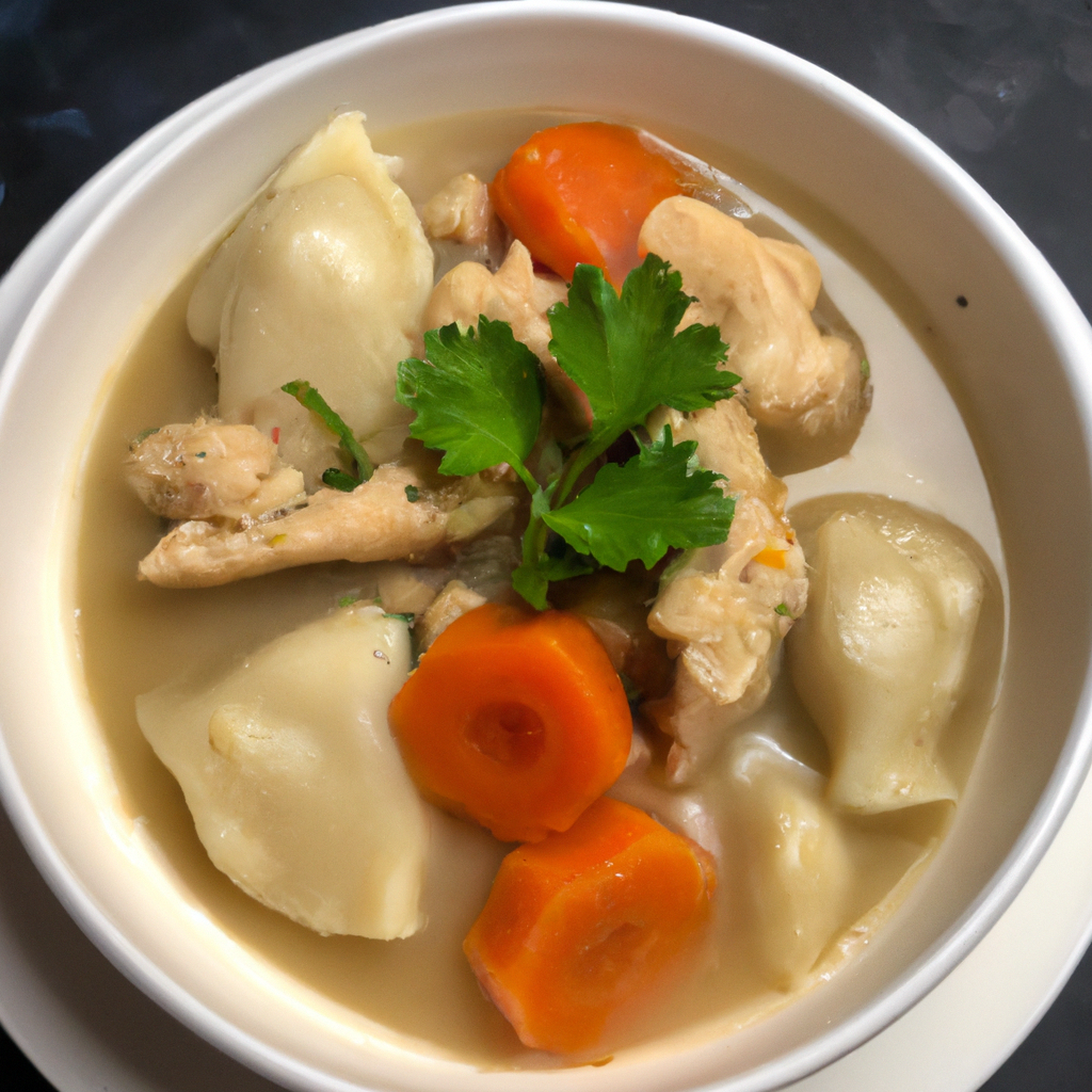 An image that showcases a piping hot slow cooker filled with tender chunks of chicken, vibrant carrots, celery, and onions, all swimming in a rich and creamy broth, topped with fluffy, golden-brown dumplings