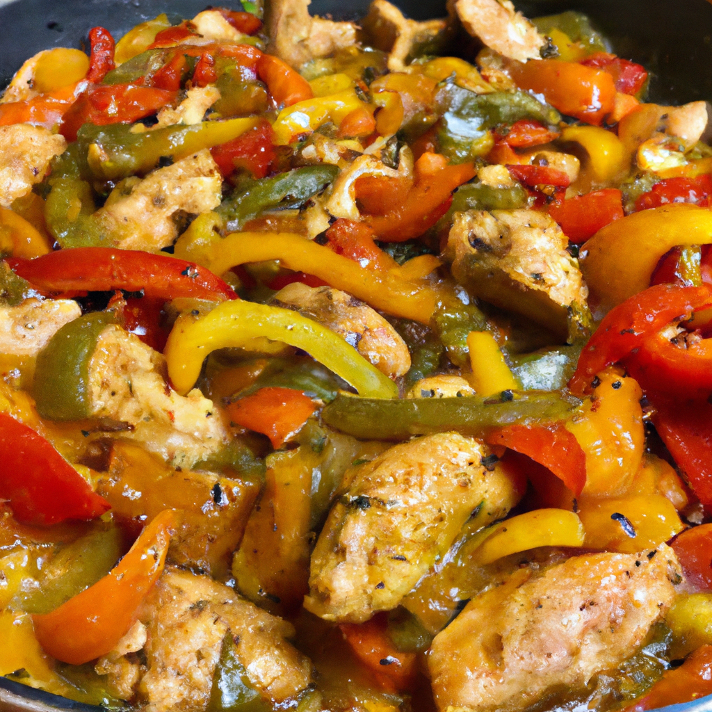 the essence of slow-cooked perfection with a vibrant image of sizzling chicken strips and colorful bell peppers gently simmering in a savory blend of spices