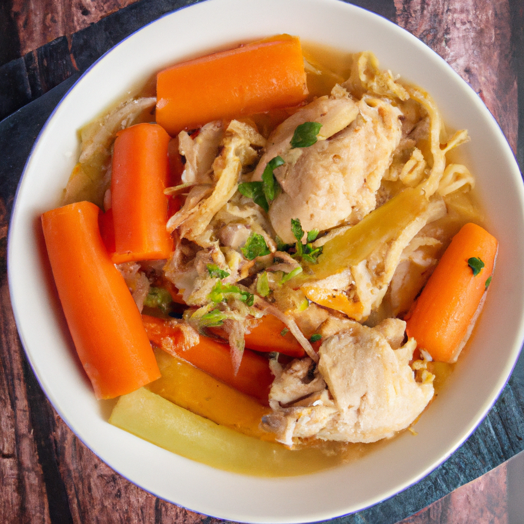 An image of a steaming slow cooker filled with tender chunks of chicken, vibrant carrots, celery, and plump noodles, all immersed in a savory golden broth, exuding an enticing aroma that warms the soul