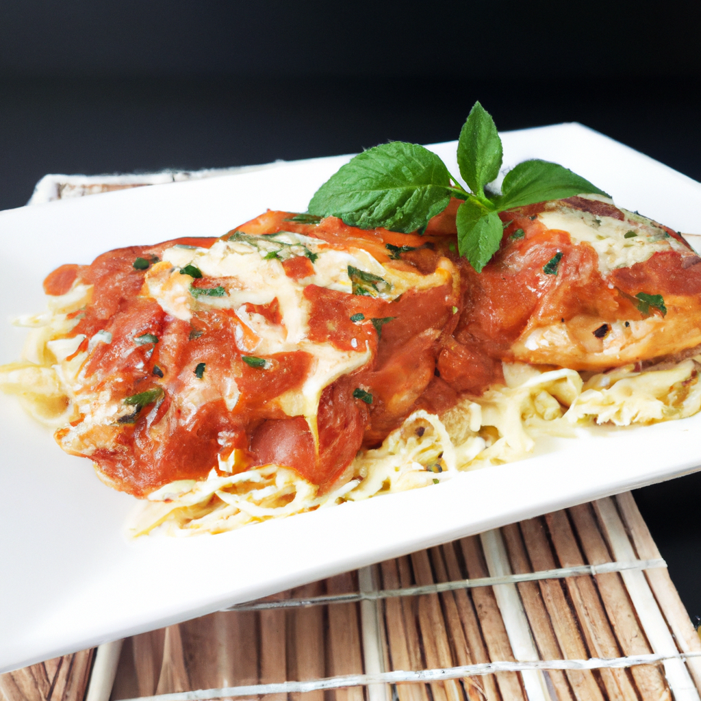 An image capturing the essence of Slow Cooker Chicken Parmesan: succulent chicken breasts simmered in rich marinara sauce, topped with melted mozzarella and sprinkled with fragrant basil, served alongside al dente spaghetti