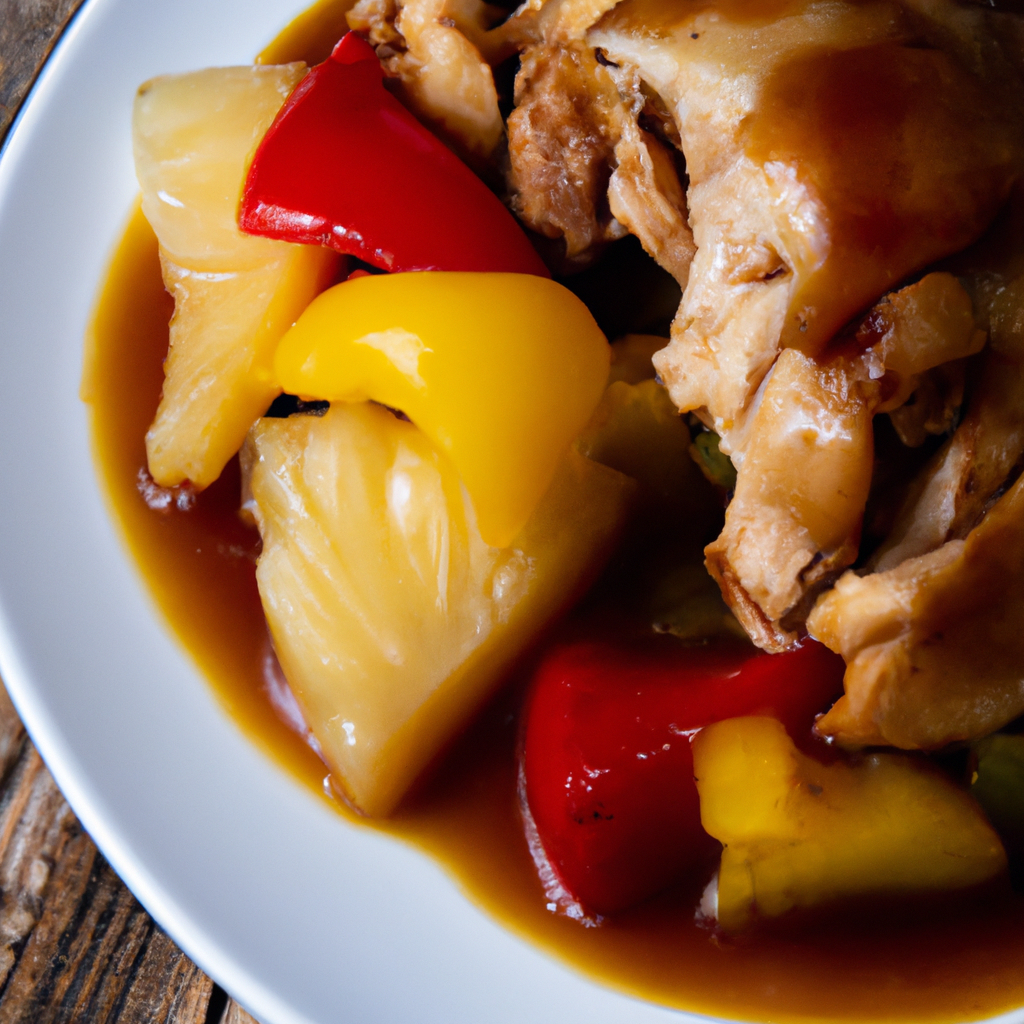 An image showcasing a tender chicken thigh, glazed with a glossy teriyaki sauce, surrounded by vibrant chunks of pineapple and colorful bell peppers, all simmering slowly in a warm, inviting slow cooker
