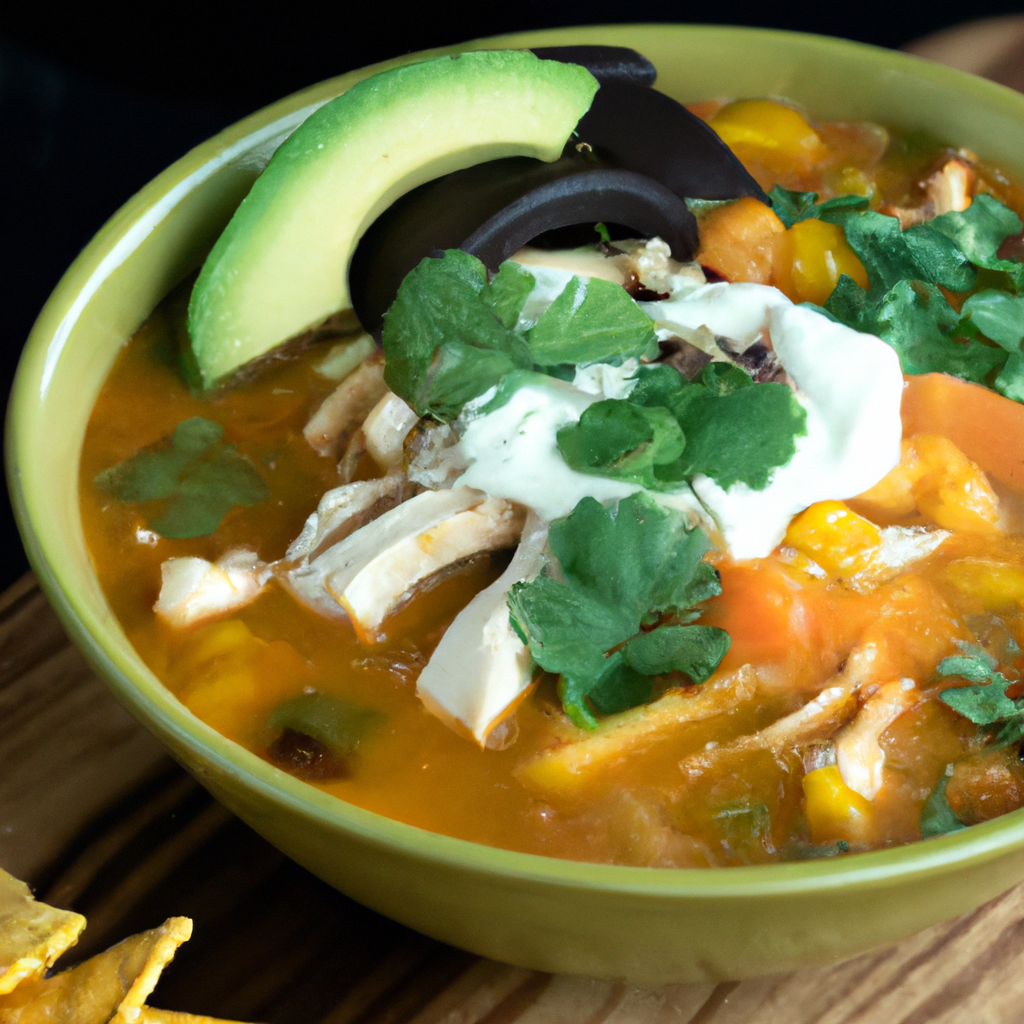 An image capturing the inviting aroma of a steaming bowl of Slow Cooker Chicken Tortilla Soup, adorned with vibrant toppings like avocado slices, crispy tortilla strips, melted cheese, and a sprinkle of fresh cilantro