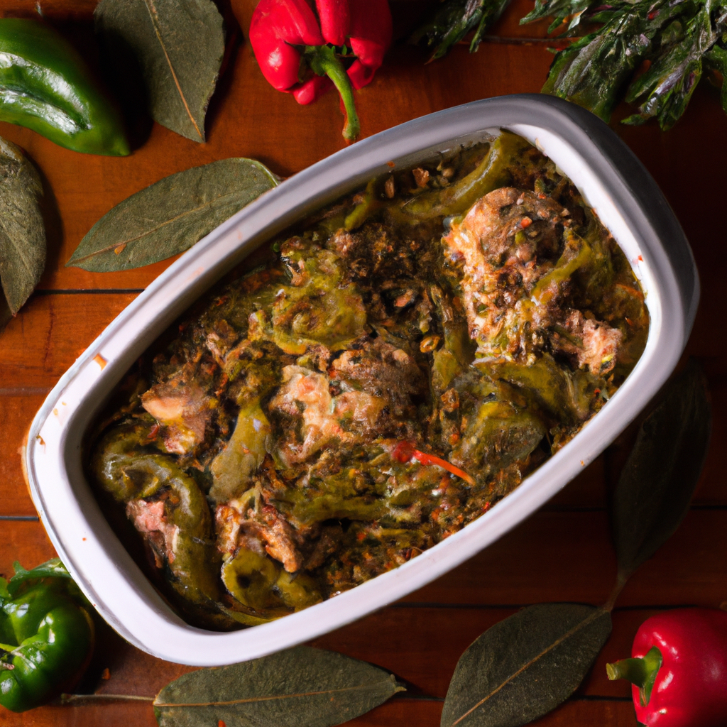 An image showcasing a bubbling slow cooker filled with tender chunks of pork and vibrant green chili peppers, surrounded by aromatic herbs and spices, emanating a mouthwatering aroma