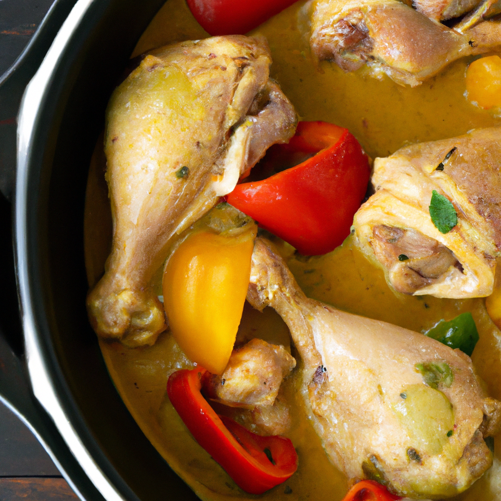 An image showcasing a vibrant slow cooker filled with tender chicken thighs simmering in a rich coconut curry sauce