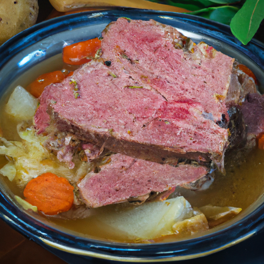 An image of a tender, succulent corned beef roast, surrounded by vibrant green cabbage leaves, all simmering in a rich, savory broth within a slow cooker