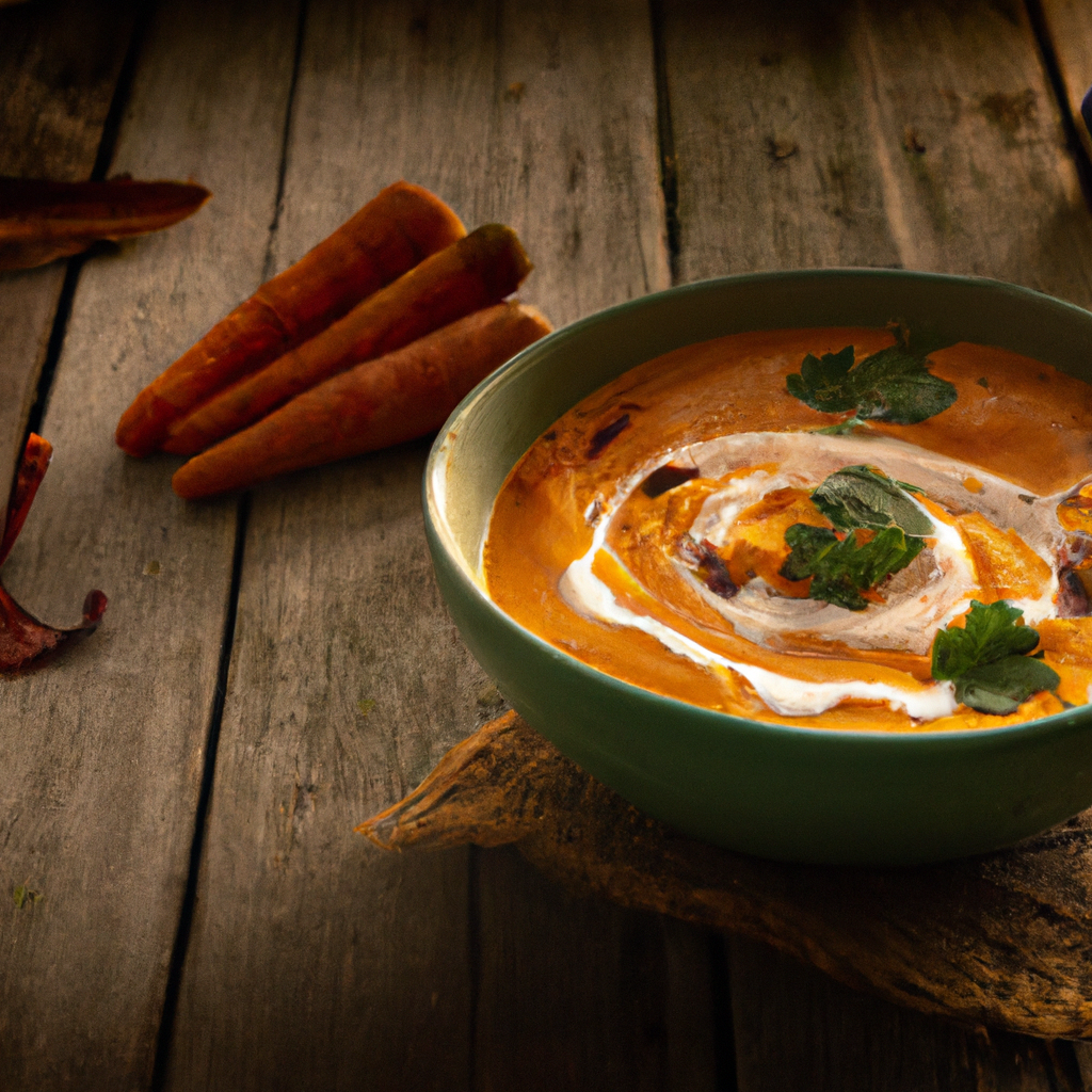 An image that showcases a steaming bowl of Slow Cooker Curried Sweet Potato Soup, adorned with a vibrant swirl of coconut cream and garnished with freshly chopped cilantro leaves, against a rustic wooden backdrop