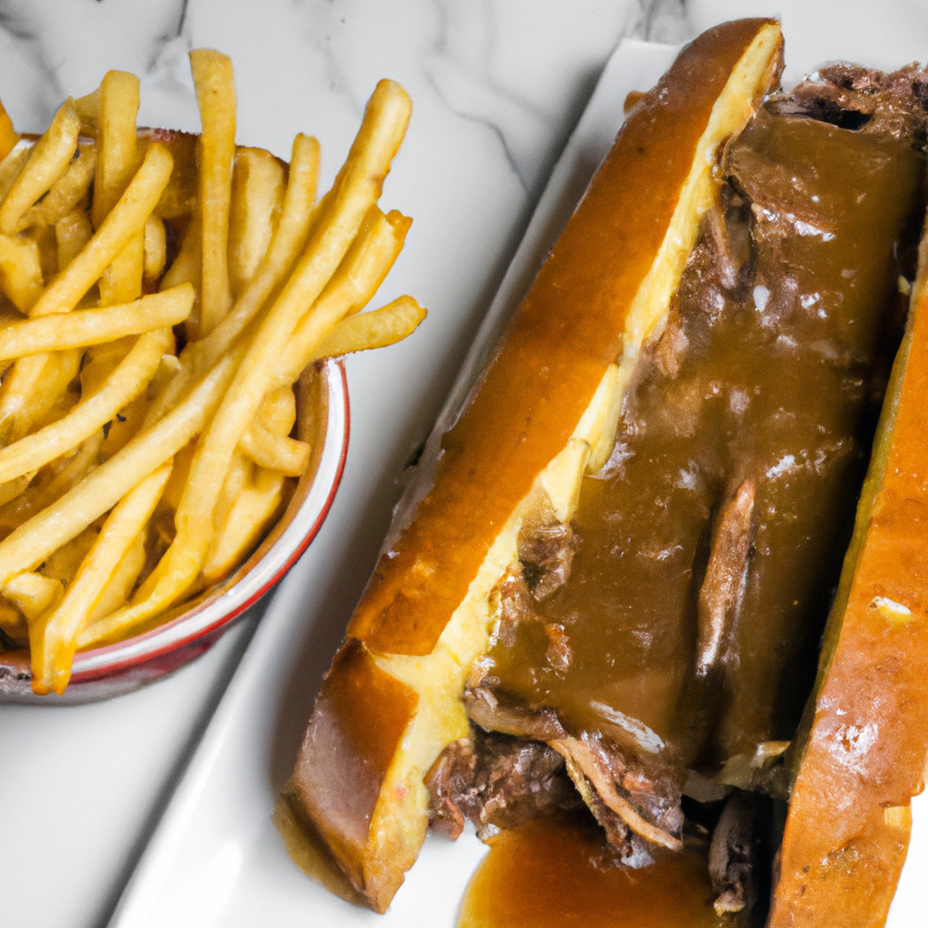 An image showcasing a succulent Slow Cooker French Dip Sandwich: a tender, thinly sliced roast beef piled high on a crusty baguette, dripping with savory au jus, accompanied by a side of golden, crispy fries
