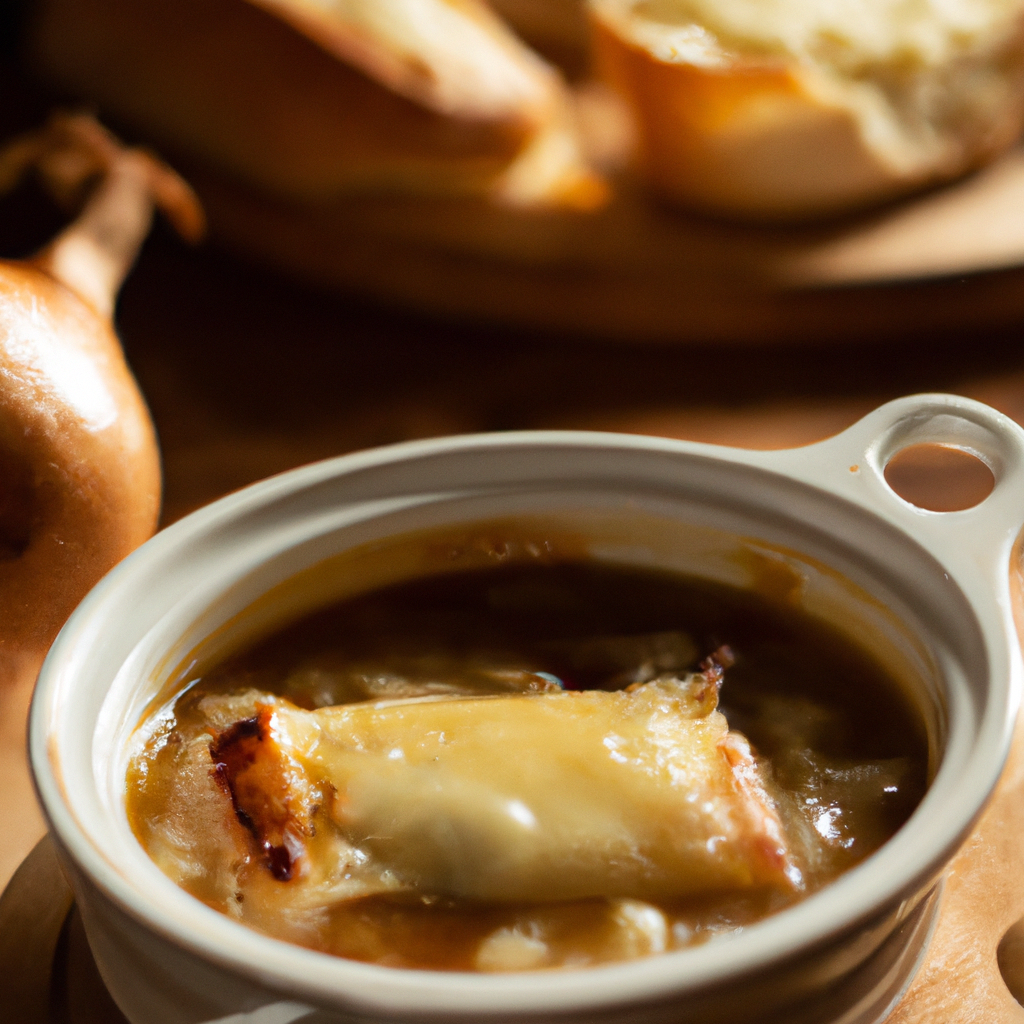 the heartwarming essence of Slow Cooker French Onion Soup in an image: a steamy bowl filled to the brim with caramelized onions, topped with a golden layer of melted cheese, and surrounded by crusty baguette slices