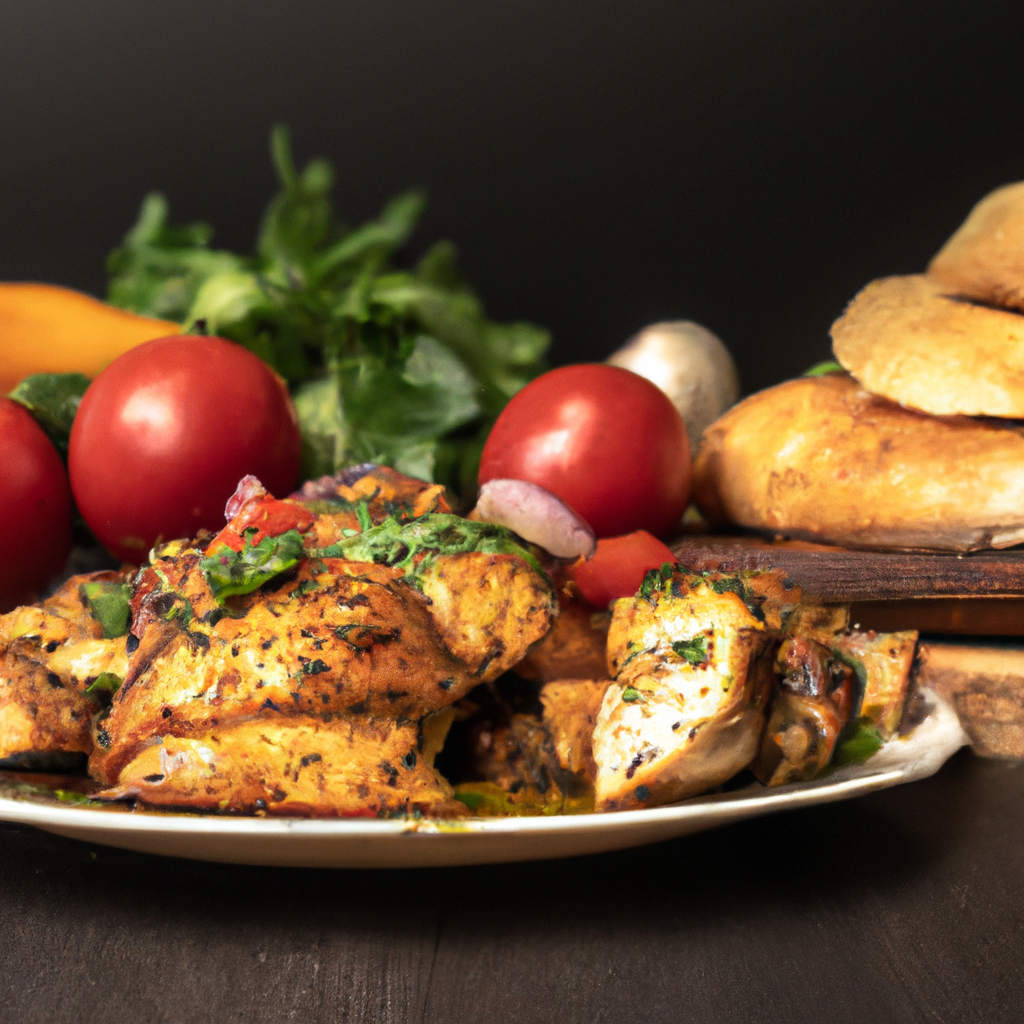 An image showcasing succulent pieces of tender Greek chicken, marinated in aromatic herbs and spices, simmering in a slow cooker