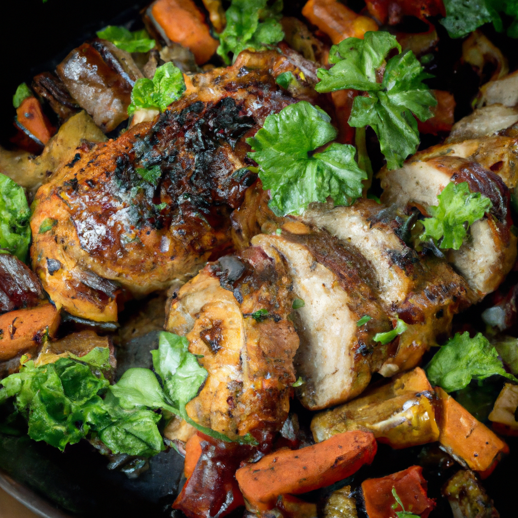 the essence of Slow Cooker Honey Balsamic Pork Tenderloin in an image: A succulent, caramelized pork tenderloin, glistening with a sticky honey balsamic glaze, surrounded by vibrant roasted vegetables, and topped with a sprinkle of fresh herbs
