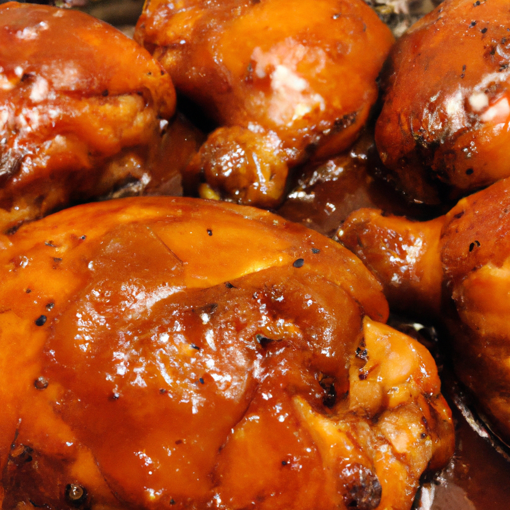 a tantalizing close-up shot of succulent chicken thighs, glazed with a sticky honey garlic sauce, glistening under the warm glow of a slow cooker