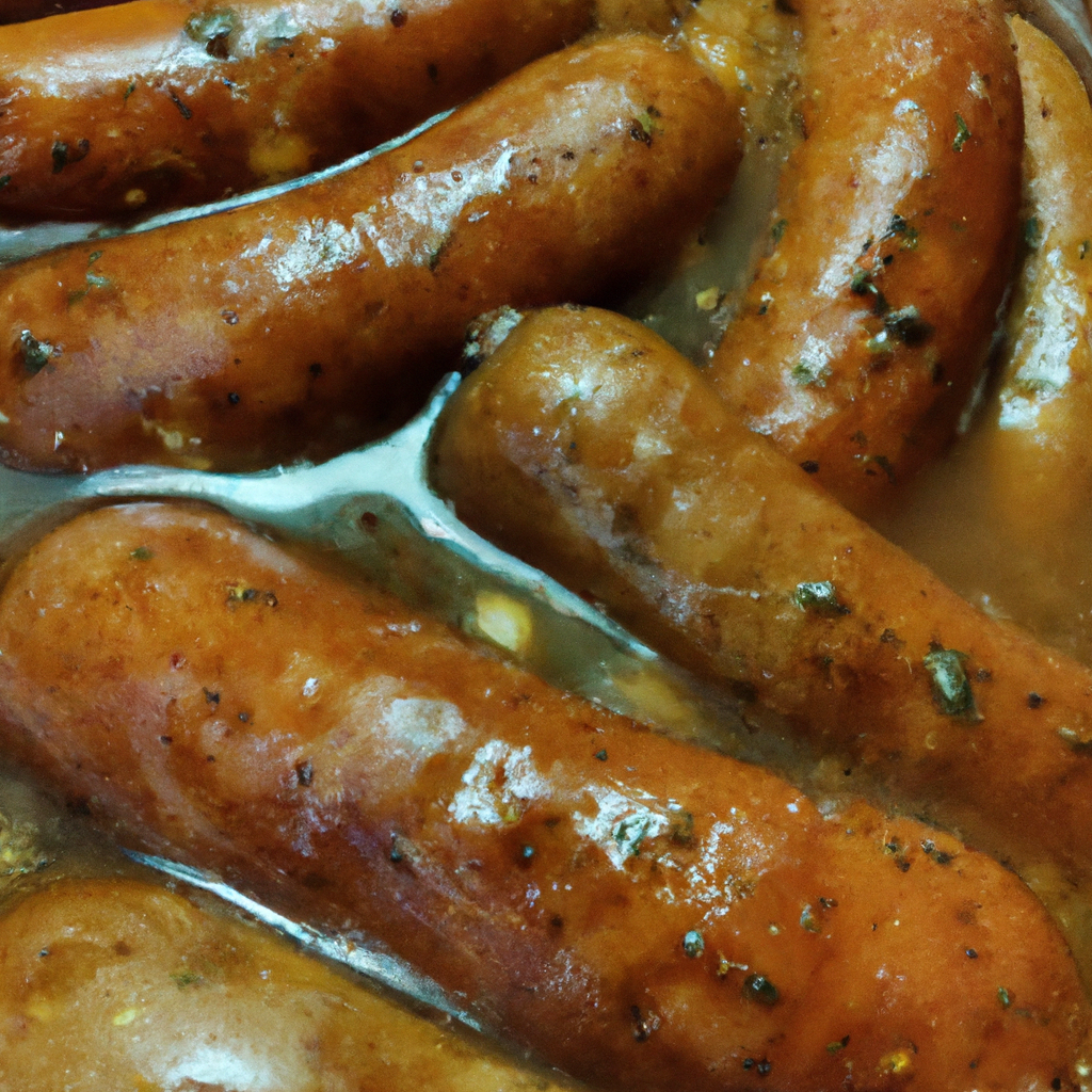a mouthwatering image of succulent honey garlic sausages slowly simmering in a bubbling slow cooker