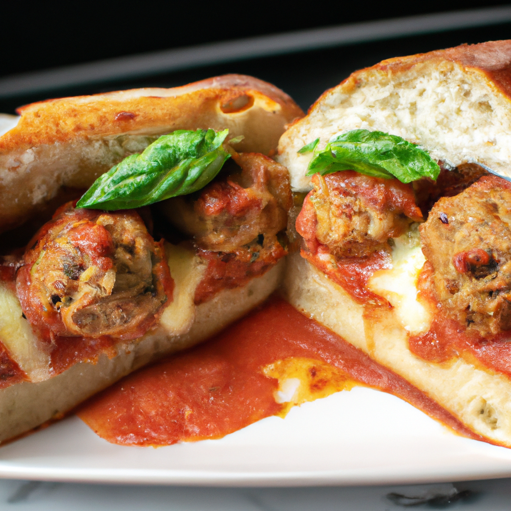 the essence of homemade Slow Cooker Meatball Subs with an inviting image: A golden crust on the perfectly toasted sub roll, oozing melted cheese, and plump meatballs drenched in rich marinara sauce, garnished with fresh basil