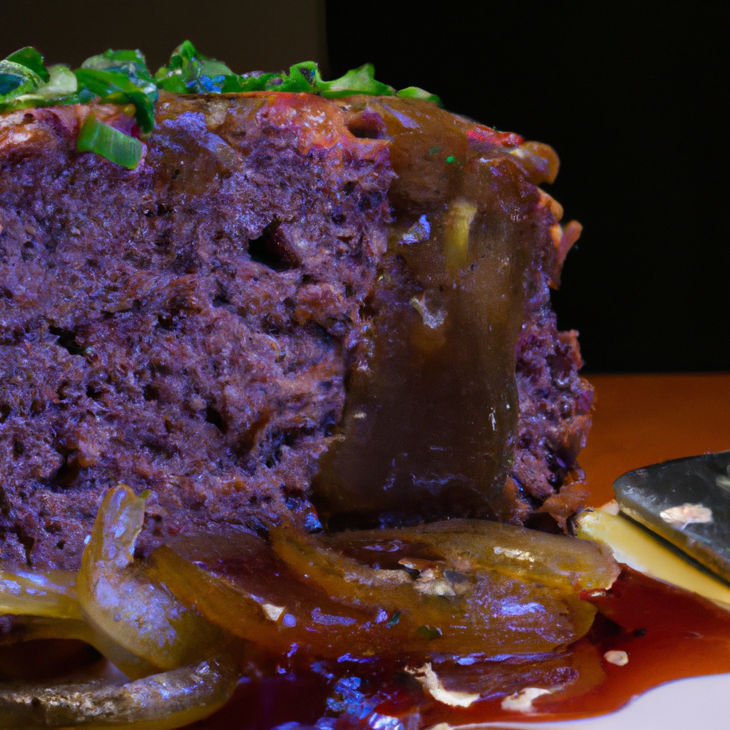 An image showcasing a succulent slow cooker meatloaf: a perfectly browned, moist, and tender slice of meatloaf topped with a rich glaze, surrounded by caramelized onions, and garnished with fresh herbs